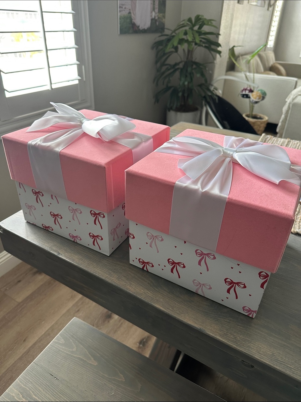 Set of Two Pink Gift Boxes with White Satin Bows
